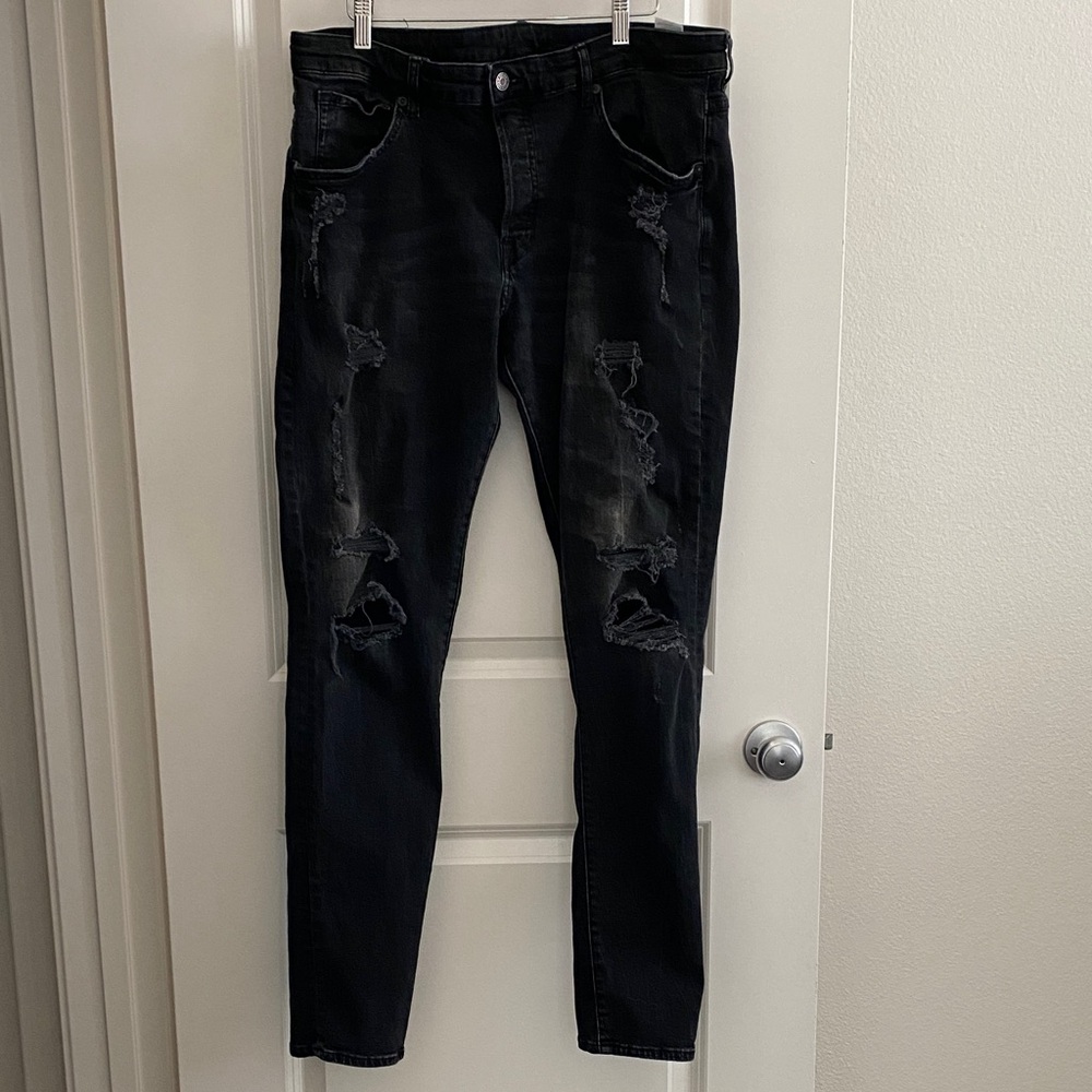 H&M Black Distressed Slim Straight Jeans